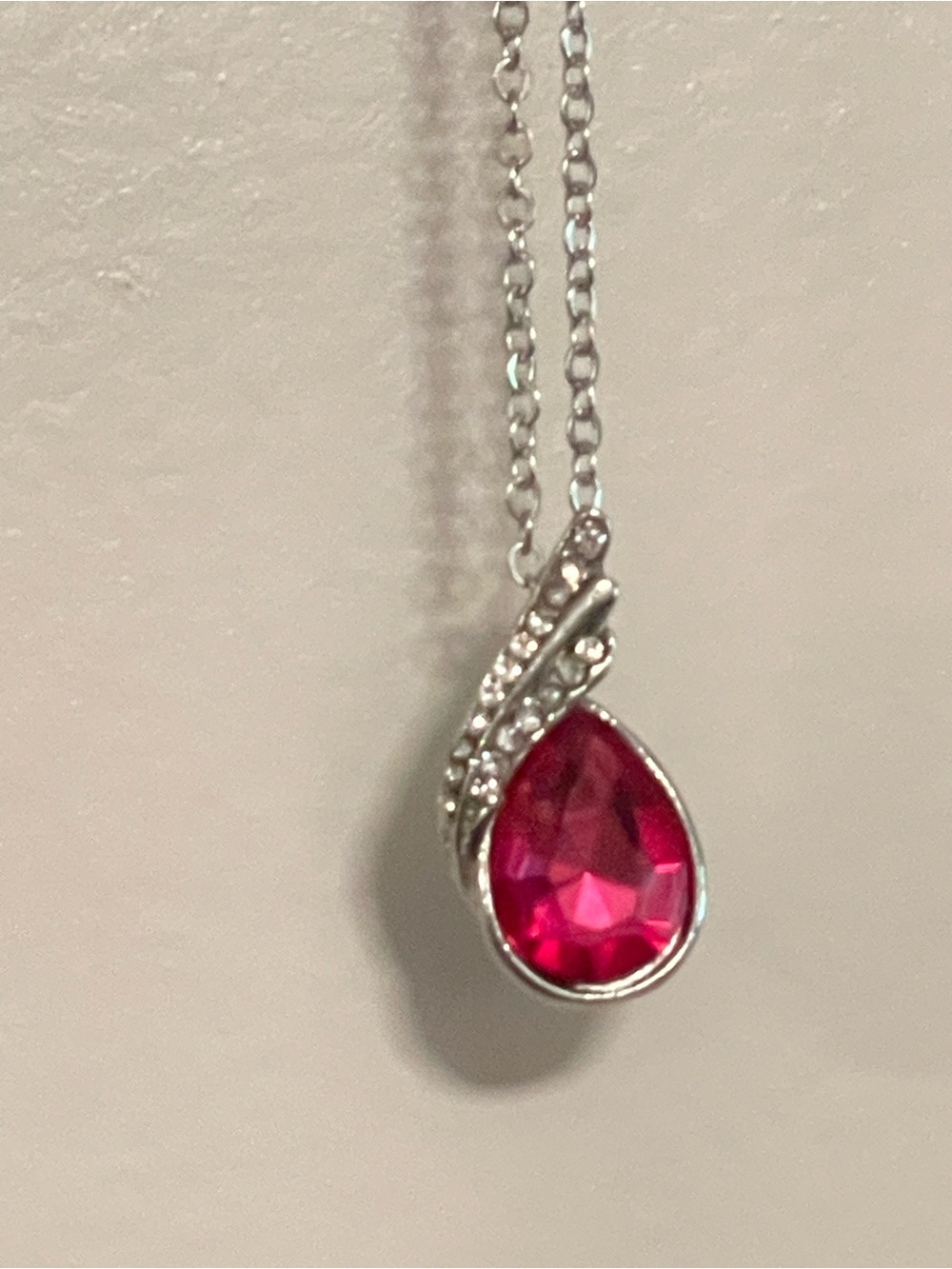 Silver Teardrop Pink Crystal Pendant Necklace - Women Jewelry